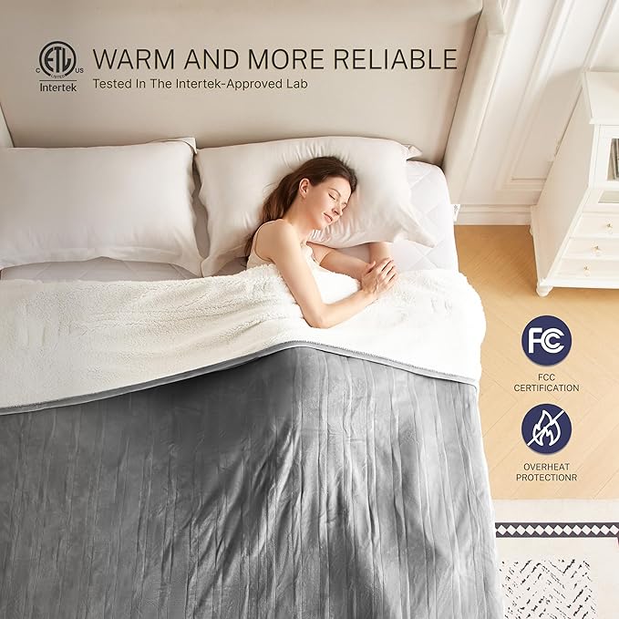 Electric Blanket Throw 50"x60" Heated Electric Blankets 10 Heating Levels 12 Time Settings 3 Hours Auto Off Fast Heating and Overheat Protection ETL Certified Machine Washable,Light Grey