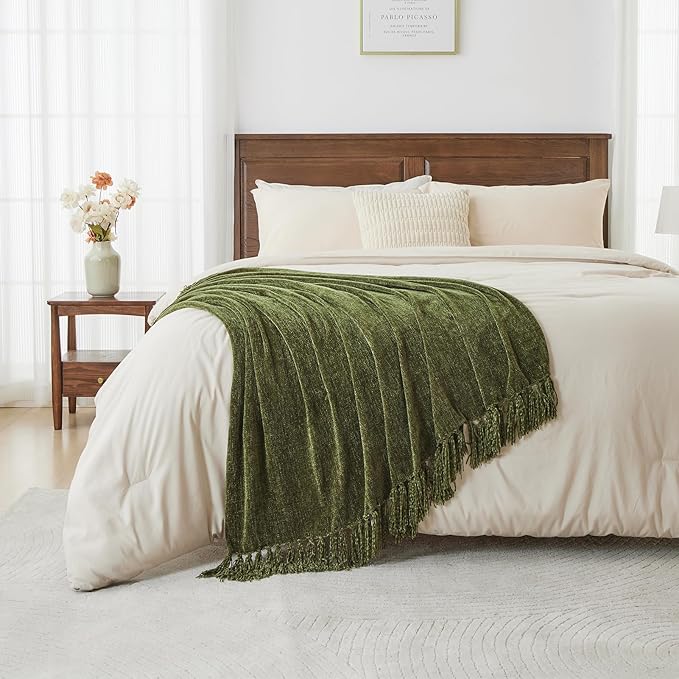 CozeCube Chenille Throw Blanket for Couch, Cozy Plush Fuzzy Decorative Olive Green Blanket with Fringe Tassels, Lightweight Throws for Bed Sofa Gift Home Decor, 60"X80"
