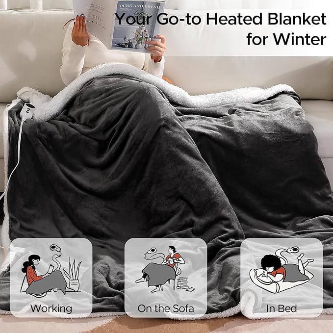 Electric Blanket Twin - Soft Flannel Heated Blanket Twin Size 62x84 inches, Ultra Soft Fast Heating with 2-10 Timer Settings & 9 Heat Settings, Warm Gift for Grandma, Dark Gray
