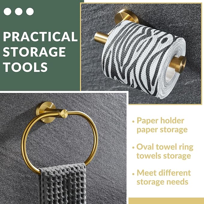 APLusee 2 Pieces Bathroom Hardware Set Brushed Gold, Contemporary 304 Stainless Steel Storage Accessories Kit with Oval Hand Towel Ring, Toilet Paper Holder Wall Mounted