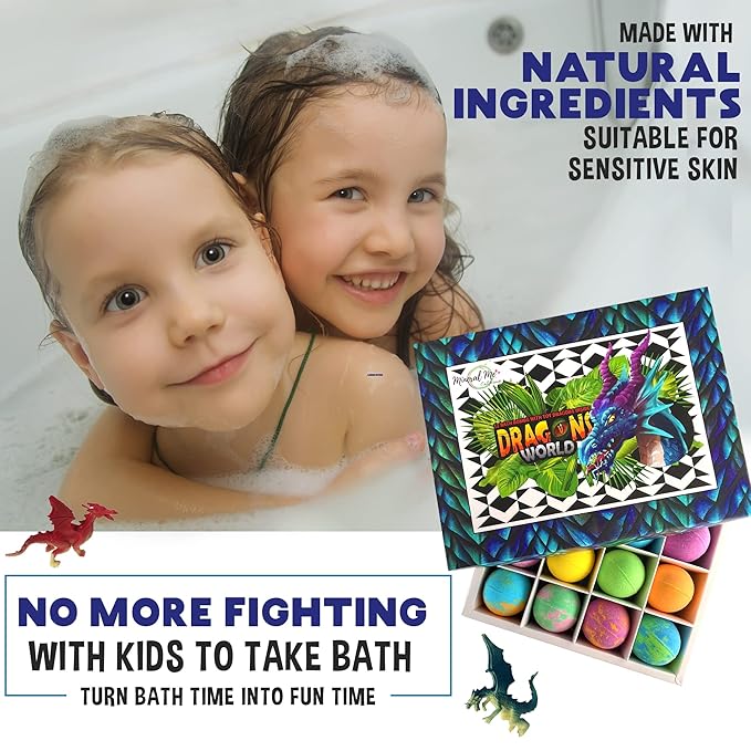 Bath Bombs for Kids with Surprise Inside - 12 Organic Bubble Bath Fizzies with Dragon Egg Toys. Gentle & Kids Friendly w/Rich Bubbles & Rainbow Colors, Stocking Stuffer Christmas Gifts for Boy, Girls