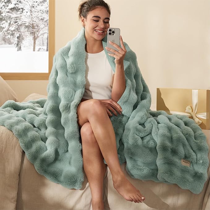 Bedsure GentleSoft Fluffy Faux Fur Blanket Twin Size, Fuzzy Soft Bubble Blanket for Couch, Faux Fur Decor for Home Living Room, Thick Furry Cozy Gifts for Women, Sage Green, 60x80 Inch