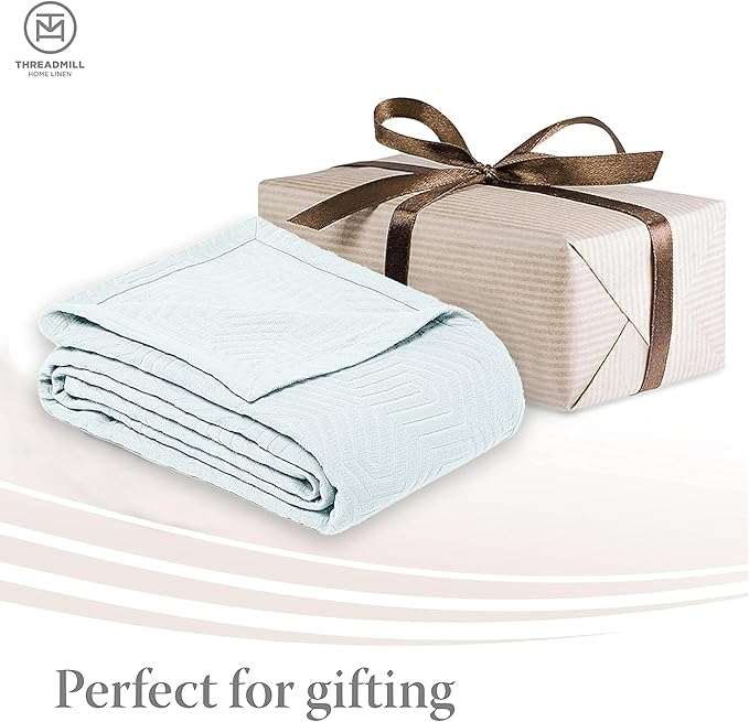 Threadmill Luxury Cotton Blankets for Twin Size Bed | All-Season 100% Cotton Twin Blanket for Bed | Aster Jacquard Lightweight, Soft & Cozy Coverlet, 350GSM, 68 x 90 inches | Light Blue