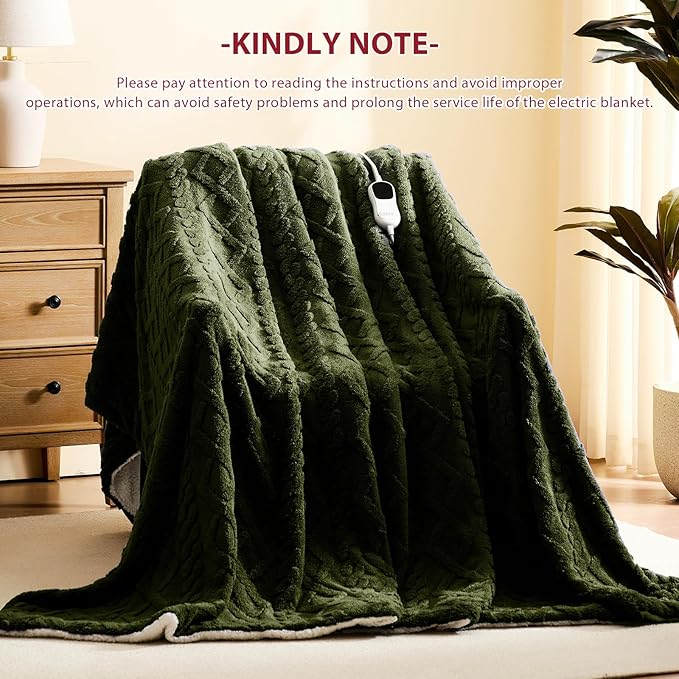 Heated Electric Blanket Full Size-72"x84" Heating Blanket with 10 Heating Levels & 5 Time Settings Over-Heat Protection，Winter Warmer for Adults with ETL Certification（Green）