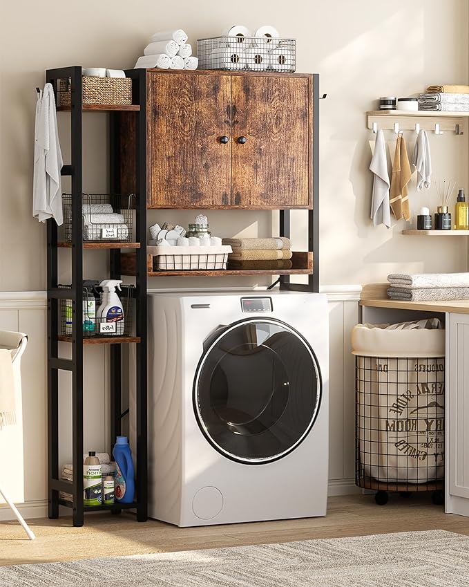 Over The Toilet Storage Cabinet with Doors - 7 Tier Bathroom Organizer with Adjustable Shelf, Freestanding Space Saver Rack Above Toilet Stand with 4 Hooks for Bathroom, Restroom, Laundry, Rustic