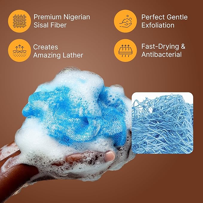 Nubiana African Net Sponge Authentic - 45 Inch Exfoliating Body Sponge from Nigeria - Natural Bath Sponge for Smooth Soft Skin - Long Lasting Quick-Drying - Single Pack (Sky Blue)