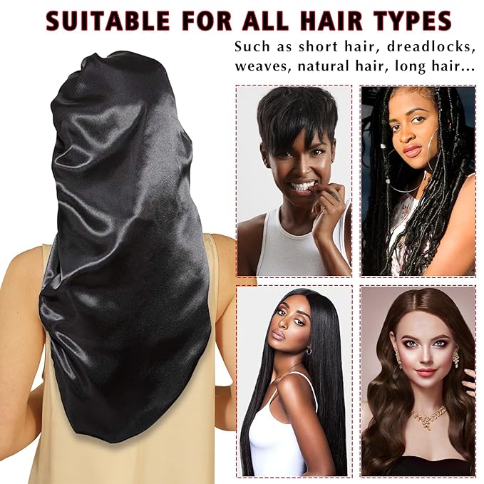 3Pcs Bonnets for Black Women Braid Bonnet, Large Long Satin Bonnet for Braids Sleeping, Black Women Satin Silk Bonnet (3Pcs-Black & Brown & Red)