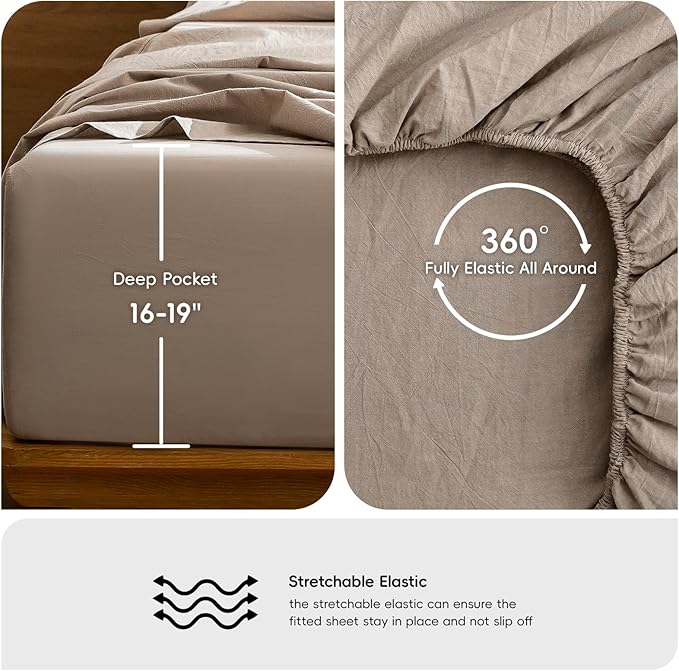 MooMee Bedding Sheet Set 100% Washed Cotton Linen Like Textured Breathable Durable Soft Comfy (Heathered Taupe, Queen)