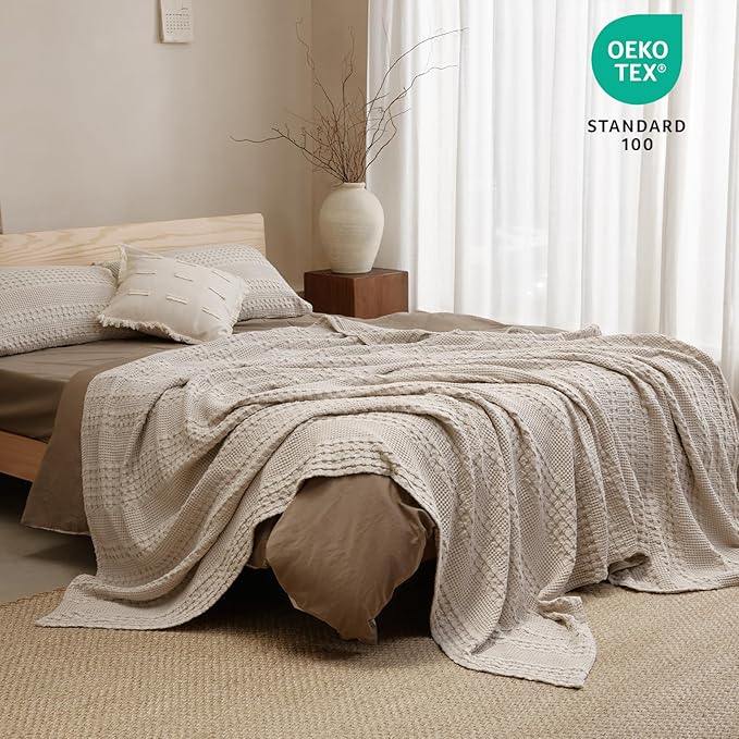 PHF 100% Cotton Waffle Weave Blanket Queen Size for Bed, Soft Lightweight & Breathable, All-Season Comfort, Luxury Aesthetic Woven Bedding for Home Decor, 90"x90", Oatmeal