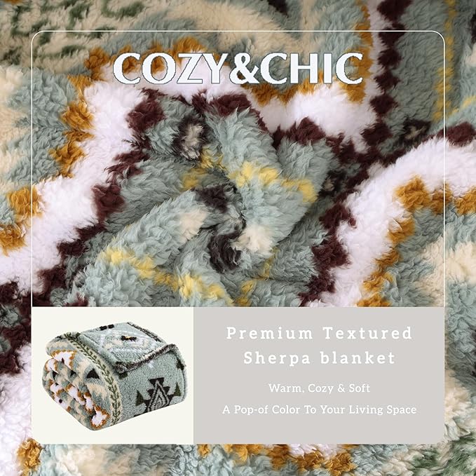 CASAAGUSTO Boho Sherpa Throw Blanket, Aztec,Ultra Soft, Warm, Cozy, Plush, Thick Fleece Throw Blanket for Couch, Bed, Sofa (Olive Green 50 * 60 Inch)