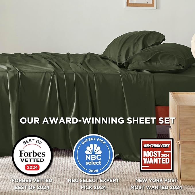 Bedsure California King Sheet Sets, Cooling Sheets, Rayon Derived from Bamboo, Breathable & Soft, Deep Pocket Up to 16 Inches, Hotel Luxury Silky Bedding for Hot Sleepers, Olive Green