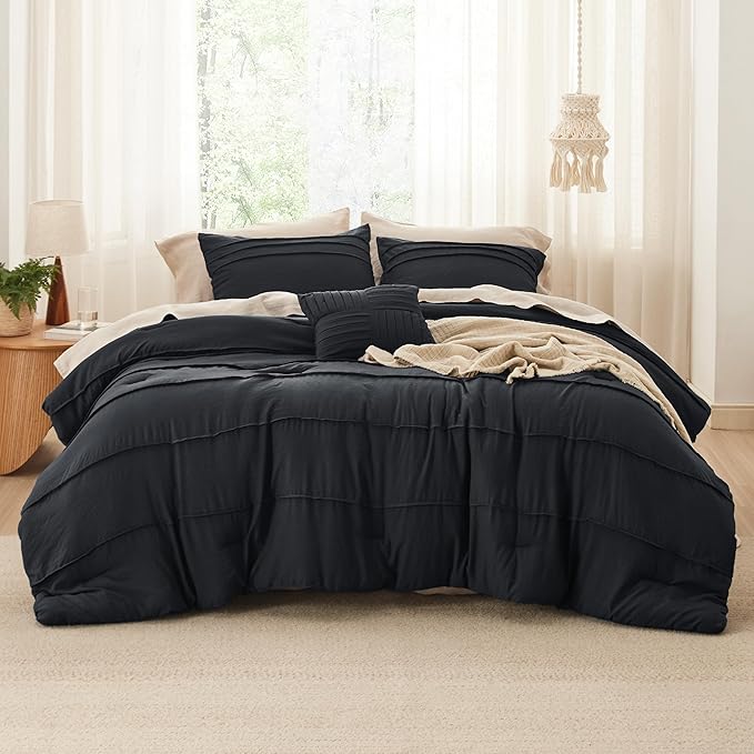 Bedsure King Comforter Set - 4 Pieces Pinch Pleat Bed Set, Black Boho Bedding for All Season, 1 Soft Comforter, 2 Pillowcases, 1 Decorative Pillow