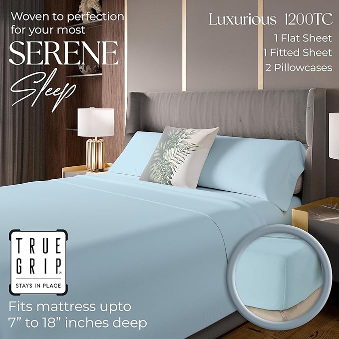 1200 Thread Count Queen Size Sheets Set Bluish Gray, Ultra Soft Cotton Rich Easy Care Sateen Bed Sheet, Moisture Wicking Deep Pocket Sheets (1 Flat Sheet 1 Fitted Sheet & 2 Pillowcases)