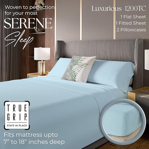 1200 Thread Count King Bluish Gray Sheet Set, Hotel Luxury Cotton Rich Ultra Soft Sateen Sheets, Easy Care Bed Sheet Set with Deep Pocket (1 Flat Sheet, 1 Fitted Sheet & 2 Pillowcases)