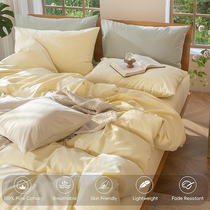 MooMee Bedding Duvet Cover Set 100% Washed Cotton Linen Like Textured Breathable Durable Soft Comfy (Heathered Butter Yellow, Full 80"x90")