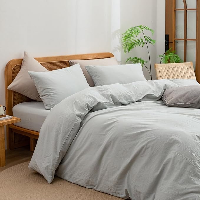 BESTOUCH Duvet Cover Set 100% Washed Cotton Linen Feel Super Soft Comfortable Chic Lightweight 3 PCs Home Bedding Set Solid Northern Droplet Grey Cal King