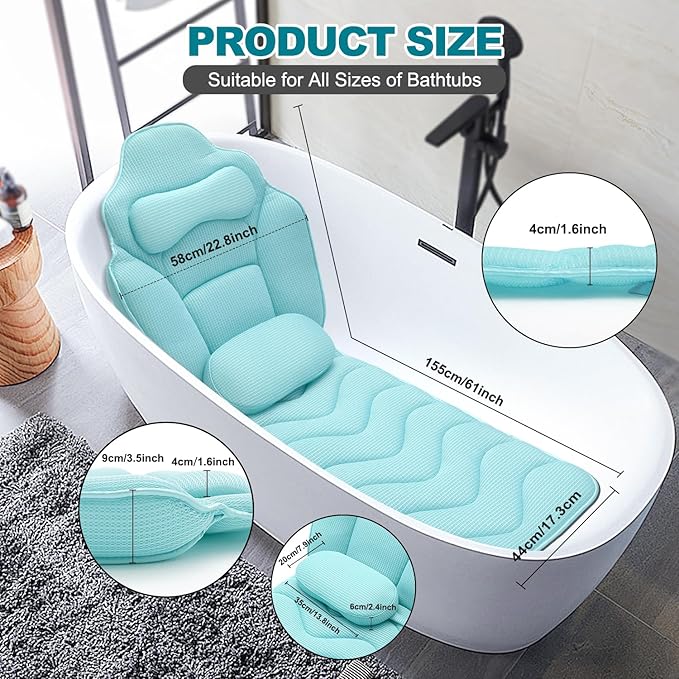 Full Body Bath Pillow for Bathtub - Extra Long 61’’ Bath Pillows for Tub, Ergonomic 4D Air Mesh Tub Pillow with Head, Neck & Lumbar Support, Bathtub Pillow Spa Cushion with Non-Slip Suction Cups