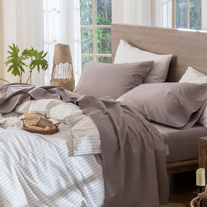 MooMee Bedding Sheet Set 100% Washed Cotton Linen Like Textured Breathable Durable Soft Comfy (Heathered Mauve Brown, Twin)