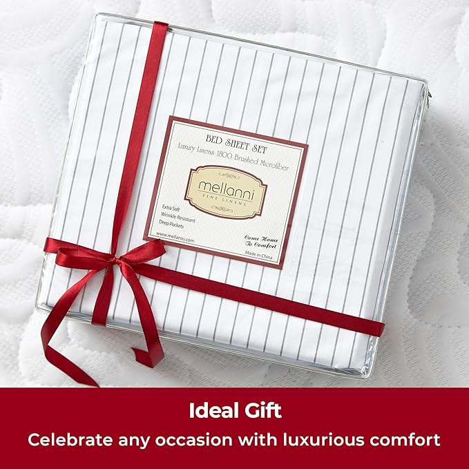 Mellanni King Sheets Set - 4 PC Iconic Collection Bedding - Hotel Luxury, Extra Soft, Cooling Bed Sheets - Wrinkle, Fade, Stain Resistant (King, Pin Stripe Gray)