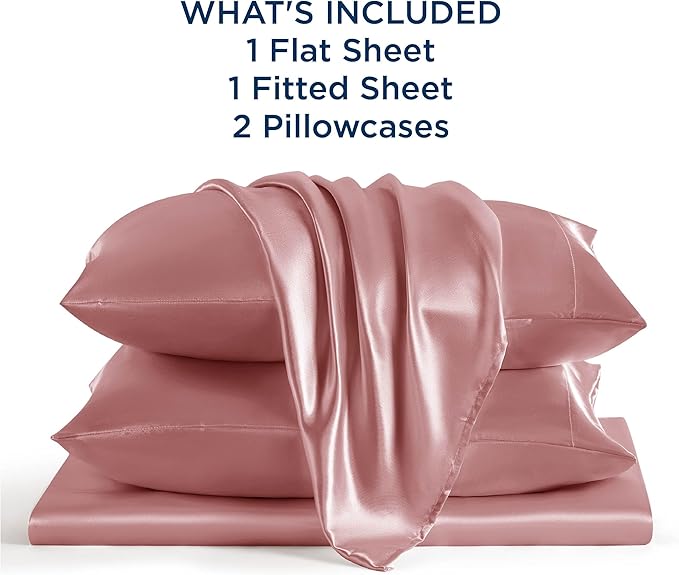 Bedsure Satin Sheets Full Size - 4 Piece Silky Bedsheets with 15 Inches Deep Pocket Fitted Bedsheet,1 Flat Sheet, 2 Satin Pillowcases, Good for Hair & Skin (Full, Coral)
