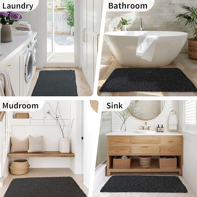 Black Bathroom Rug - Waffle Bath Mat Non Slip Washable, Super Absorbent & Quick Dry, Boho Bath Mat Farmhouse Bathroom Decor, 24'' x 36'', Black