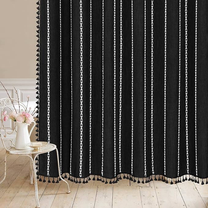 MitoVilla Boho Extra Long Shower Curtain 72 x 84, Black 84 inch XL Polyester Linen Tassel Fabric Shower Curtain Set with Hooks for Vintage Country Farmhouse Bathroom Decor, Thick & Wrinkle Resistant