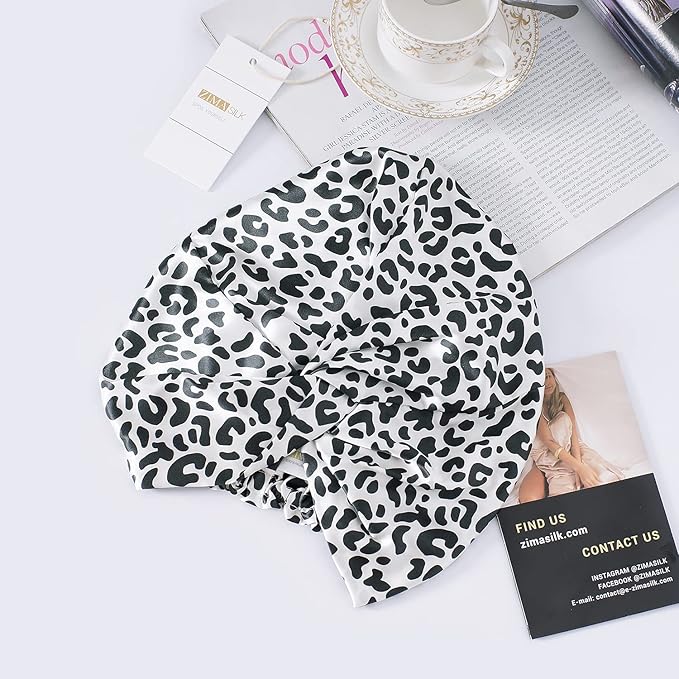 ZIMASILK 22 Momme 100% Mulberry Silk Bonnet for Sleeping & Women Hair Care, Highest Grade 6A Silk Hair wrap for Sleeping with Premium Elastic Stay On Head (1Pc, Leopard Black/White)