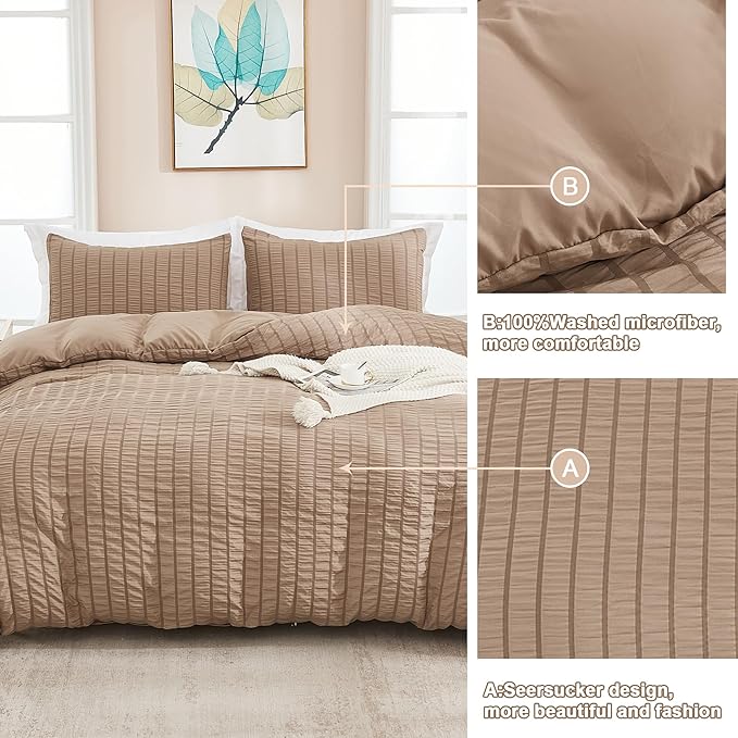 AveLom Taupe Duvet Cover Full(80 x 90 inches), 3 Pieces (1 Duvet Cover, 2 Pillow Cases),Seersucker Tripe Soft Washed Microfiber Textured Duvet Cover Set with Zipper Closure, Corner Ties