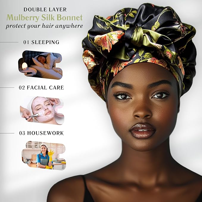 Wild Rose 100% Pure Silk Hair Bonnet Luxurious Reversible Wonder Loop Mulberry Silk for Curly Hair - Ultimate Sleeping Companion with Ties for Women - Handmade in USA