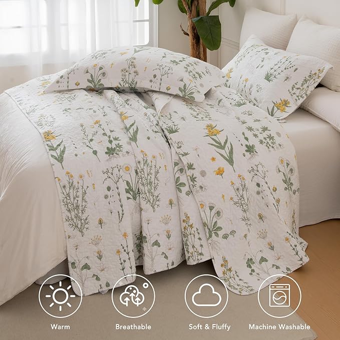 Lady Ann Oversized King Bedspreads 128x120, Cotton California King Quilt Bedding Set, Yellow Floral & Green Leaves Pattern Printed Cottagecore Coverlet Set Shabby and Chic Bedspread, 3 Pcs