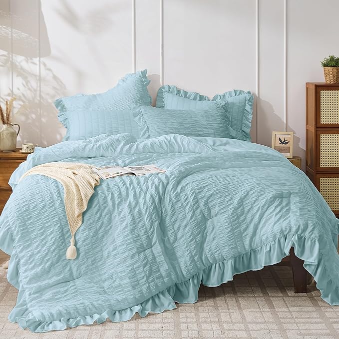 JOLLYVOGUE Blue Twin Size Comforter Set, 2 Pieces Seersucker Lightweight Fluffy Bedding Set, Twin Ruffle Comforter, All Season Soft Microfiber Shabby Chic Bed Set
