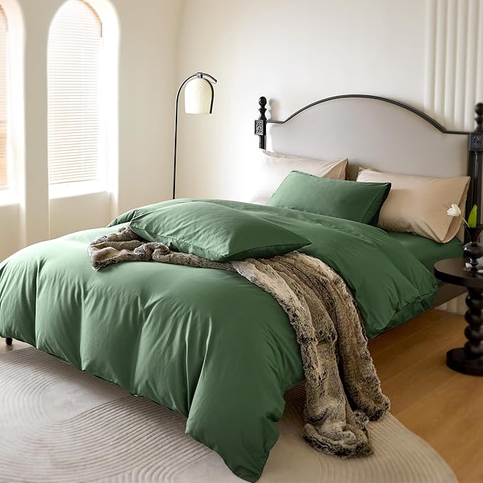 PURE ERA Duvet Cover Set 800 Thread Count Long Staple Cotton Sateen Silky Soft Luxurious Smooth 3 Piece Set Forest Green Cal King