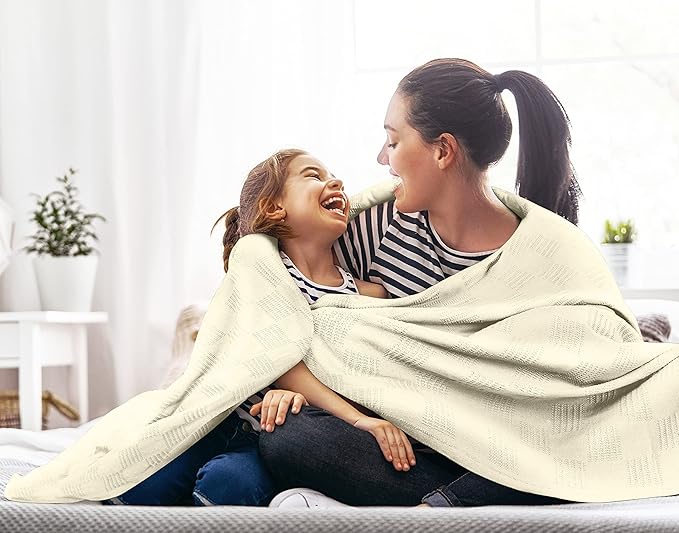 Utopia Bedding Ivory 100% Cotton Blanket [Queen Size - 90x90 Inch] 350GSM Lightweight, Soft and Breathable Thermal Blanket for All Seasons