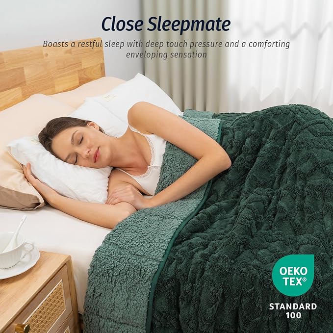 Wemore Weighted Blanket for Adults Twin Size 15 lbs, Dual Sided Soft Fuzzy Jacquard Sherpa Weighted Blankets for Sleeping, Cozy Fluffy Knitted Heavy Blanket for Couch Bed, Dark Green, 60 x 80 inches