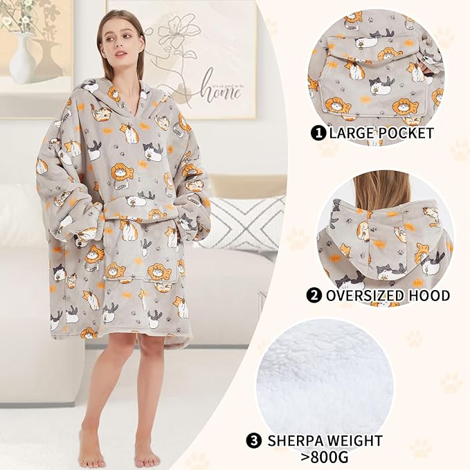Wearable Blanket Hoodie for Adult,Oversized Sherpa Fleece Blanket Hoodie for Women Men,Cat