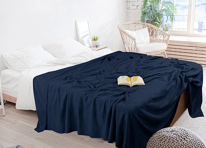 Utopia Bedding Navy 100% Cotton Blanket [Twin Size - 90x72 Inch] 350GSM Lightweight, Soft and Breathable Thermal Blanket for All Seasons