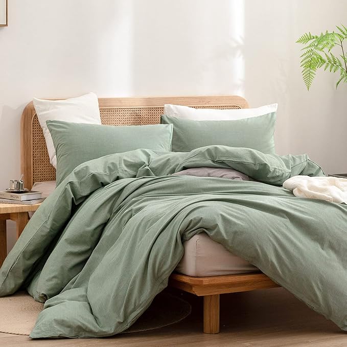 BESTOUCH Duvet Cover Set 100% Washed Cotton Linen Feel Super Soft Comfortable Chic Lightweight 3 PCs Home Bedding Set Solid Green Oversized Queen