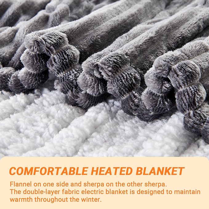 Heated Blanket Electric King, Soft Flannel Heating Blanket with 8 Hours Auto Off 10 Fast Heating Levels Machine Washable Sherpa Heated Blanket with Overheating Protection