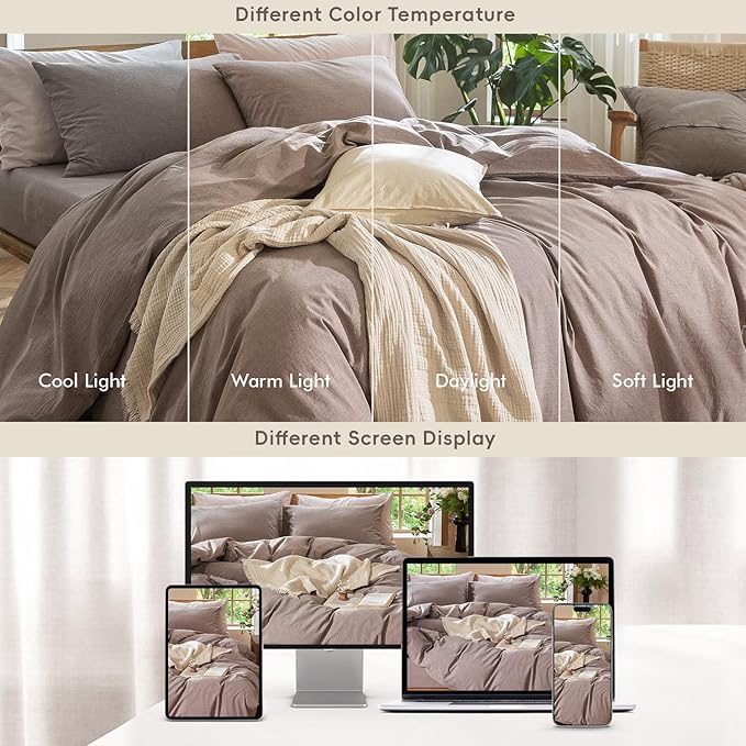 MooMee Bedding Duvet Cover Set 100% Washed Cotton Linen Like Textured Breathable Durable Soft Comfy (Heathered Mauve Brown, Super King 108"x98")