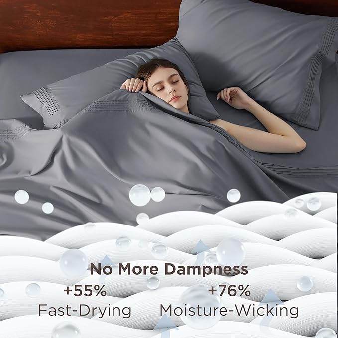 Bedsure Deep Pocket Queen Sheets Set - Fits Mattresses Up to 21 Inches Thick - 4 Piece GentleSoft Bed Sheets, Moisture Wicking, Soft & Cooling Bedsheet & Pillowcases, Easy & Secure Fit, Grey