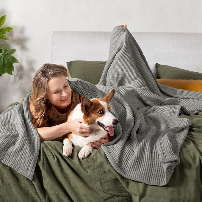 PHF 100% Cotton Waffle & Muslin Blanket Twin Size, Soft Breathable Luxury 400GSM Versatile Reversible Bedding for Bed, Great for Layering in Cold Weather, Home Decor Gift, 66" x 90", Frosted Grey