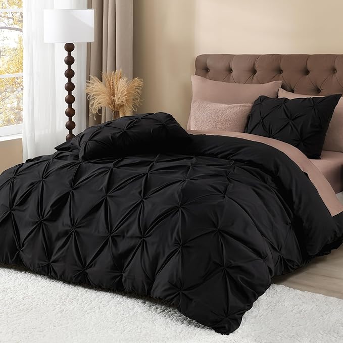 Litanika Black Queen Pinch Pleat Duvet Cover, 3 Pieces Pintuck Cover Soft Microfiber Bedding Set with Zipper Closure & Corner Ties(90x90Inch-1 Duvet Cover, 2 Pillowcases)