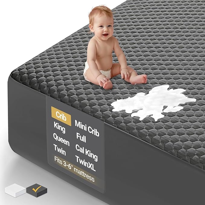 OhGeni 100% Waterproof Mattress Protector, Crib-Gray Size Mattress Pad, Fits 3"-6" Mattresses with Deep Pocket, Cooling, Breathable Fitted Sheets, Soft Bed Cover, Noiseless, Machine Washable
