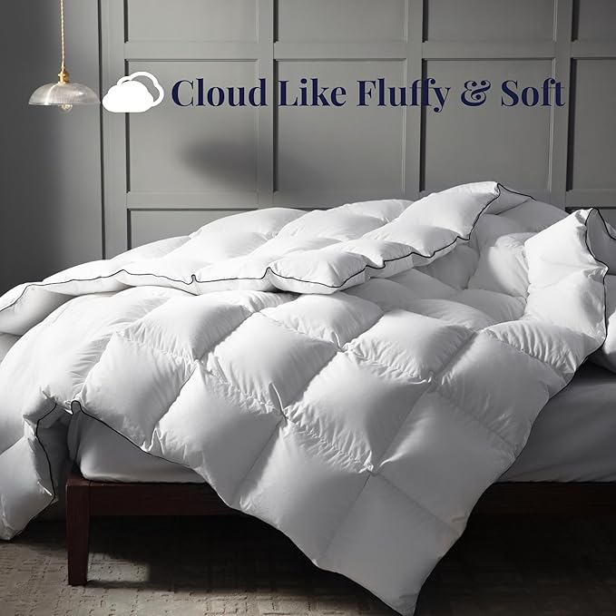 Ubauba Goose Feather Down Fiber Comforter Queen Size Duvet Insert - Hotel Luxury Fluffy White Bedding Comforter, All Season Medium Warmth -100% Cotton Cover, 90 x 90 Inch
