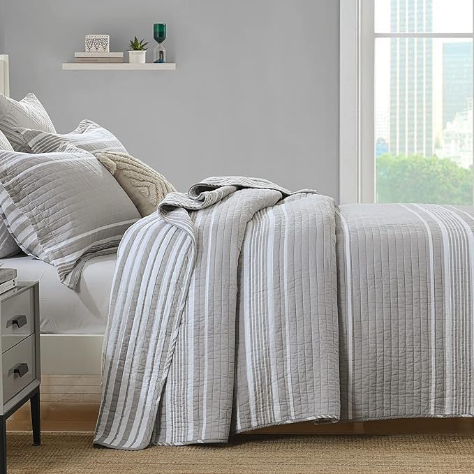 Y-PLWOMEN Quilt Queen Size - 100% Cotton Queen Bed Quilt, Grey Striped Reversible Bedspread for All Season, 3-Piece