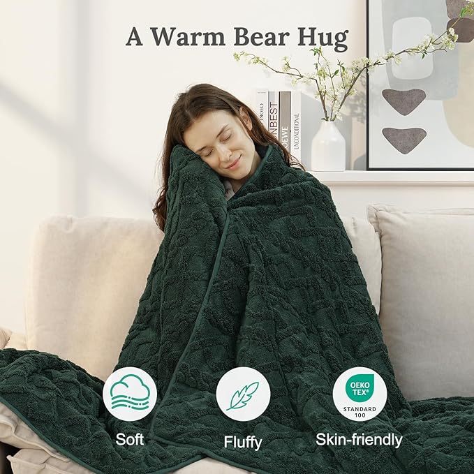 Sherpa Fleece Adult Weighted Blanket Great for Sleep, 15 lbs Dual Sided Soft Fuzzy Heavy Blankets for Couch Bed Sofa, Cozy Warm Fluffy Jacquard Throw for Winter (Green, 60" x 80", 15 Pounds)