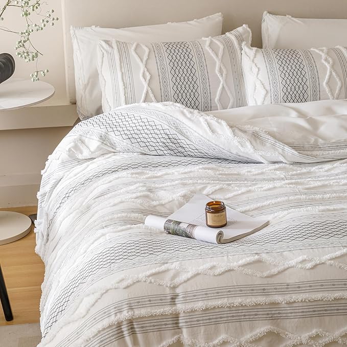 Cottonight White Black Boho Comforter Set Queen Farmhouse Tufted Bedding Set Soft Bohemain Shabby Chic Blanket Quilts Embroidery Rustic Luxury Soft 3PCS Bed Set for Women Men