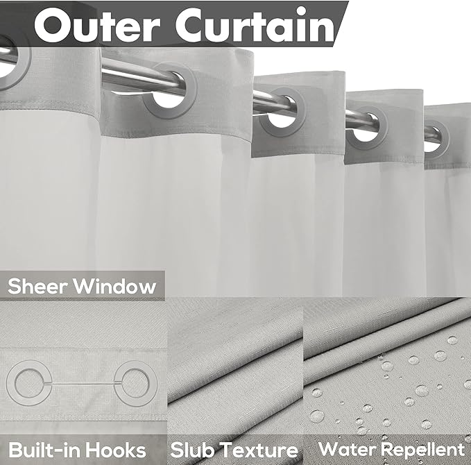 Long No Hook Slub Textured Shower Curtain with Snap-in PEVA Liner Set - 71" x 77"(75"), Hotel Style with See Through Top Window, Grey Fabric Curtain & Waterproof Liner, Gray, 71x77