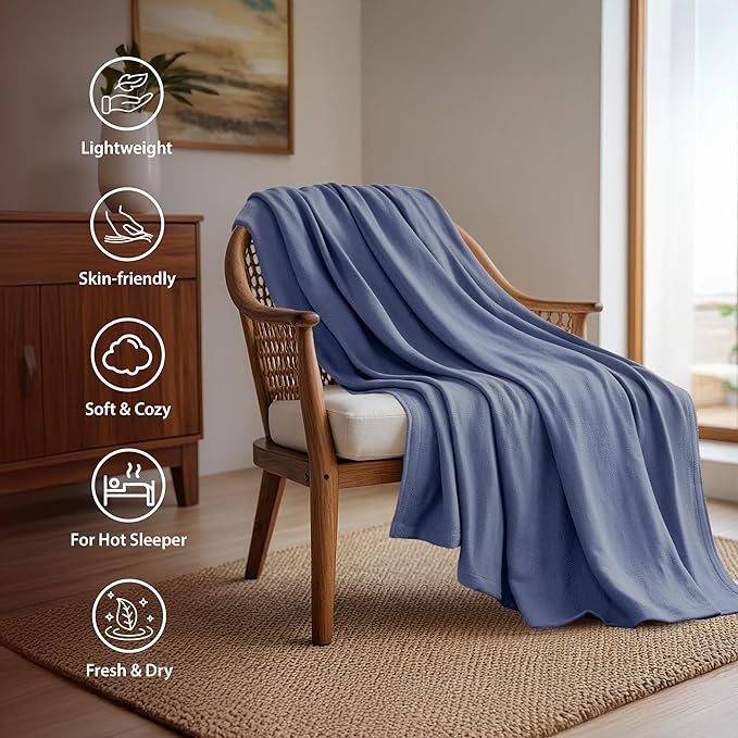 Twin Size Blanket, 70% Rayon (Derived from Bamboo) and 30% Cotton, Lightweight Jacquard Weave, Breathable and Soft Summer Blanket for Bed or Couch, 66” x 90”, Navy