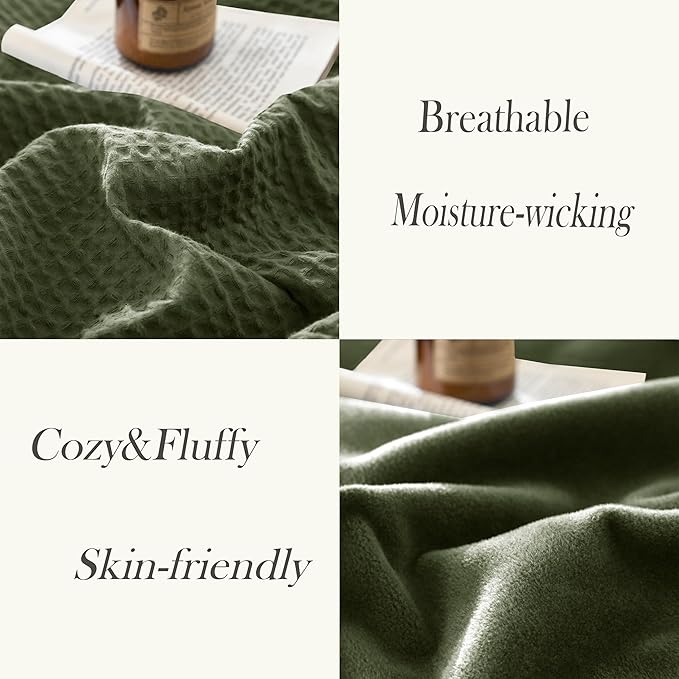 CHUFFED Cotton Waffle Blanket Queen Size - Plush Milk Velvet & Reversible Waffle Weave,Anti-Static 300Gsm Design，Thick Cozy Soft Winter Blanket for Bed, Couch, Sofa - Olive Green, 90x90 Inches